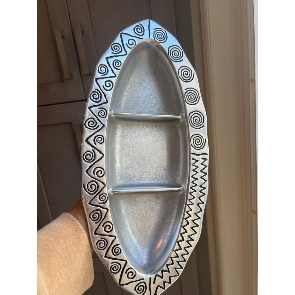 Wilton Armetale RWP Divided Serving Tray 3 Section Tribal Spiral Pewter Look